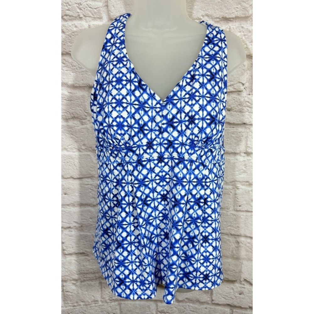 Lands End Womens Size 14W Blue Geometric Swimsuit Racerback Tankini Top